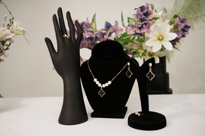 ✨ Elegant Black Clover Pearl Jewelry Set (Necklace, Earrings & Ring)
